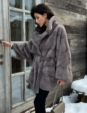 Норковая шуба в цвете графит с английским воротником - Летучая мышь