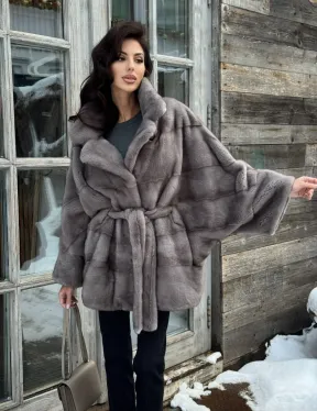 Норковая шуба в цвете графит с английским воротником - Летучая мышь