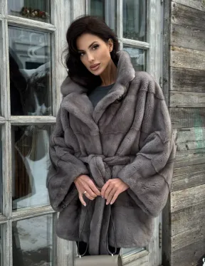 Норковая шуба в цвете графит с английским воротником - Летучая мышь