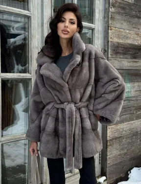 Норковая шуба в цвете графит с английским воротником - Летучая мышь