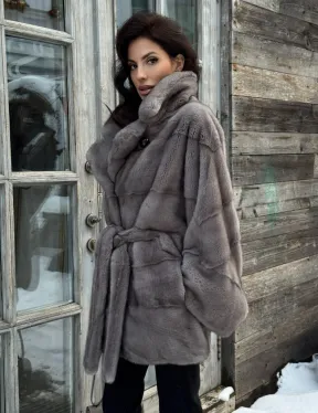 Норковая шуба в цвете графит с английским воротником - Летучая мышь