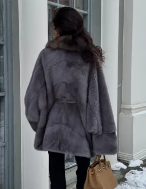 Полушубок летучая мышь из норки с воротником из куницы - цвет графит