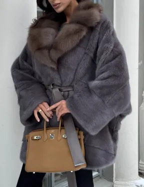 Полушубок летучая мышь из норки с воротником из куницы - цвет графит