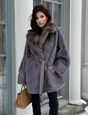 Полушубок летучая мышь из норки с воротником из куницы - цвет графит