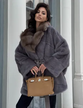 Полушубок летучая мышь из норки с воротником из куницы - цвет графит