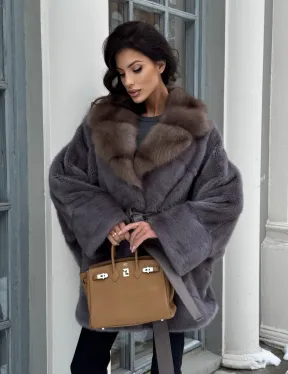 Полушубок летучая мышь из норки с воротником из куницы - цвет графит