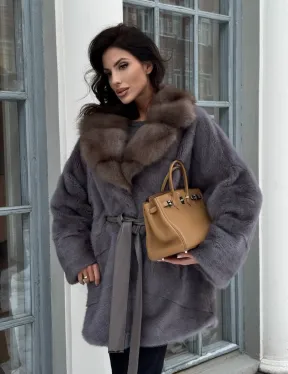 Полушубок летучая мышь из норки с воротником из куницы - цвет графит