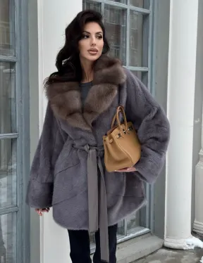 Полушубок летучая мышь из норки с воротником из куницы - цвет графит