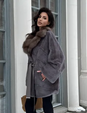 Полушубок летучая мышь из норки с воротником из куницы - цвет графит