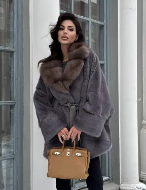 Полушубок летучая мышь из норки с воротником из куницы - цвет графит