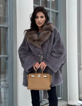 Полушубок летучая мышь из норки с воротником из куницы - цвет графит