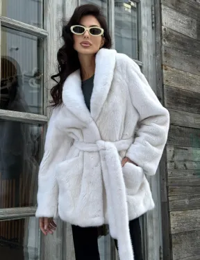 Светлый меховой жакет из норки с воротником шаль и меховым поясом - luxury fur