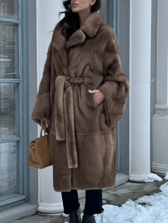 Плюшевая норковая шуба - кимоно с английским воротником
