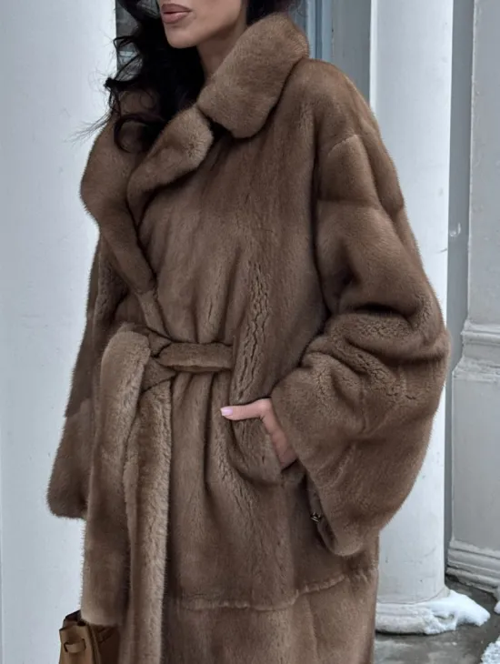 Плюшевая норковая шуба - кимоно с английским воротником