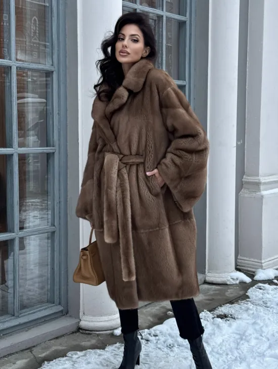 Плюшевая норковая шуба - кимоно с английским воротником