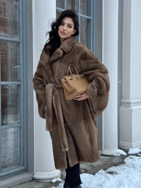 Плюшевая норковая шуба - кимоно с английским воротником