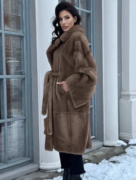 Плюшевая норковая шуба - кимоно с английским воротником