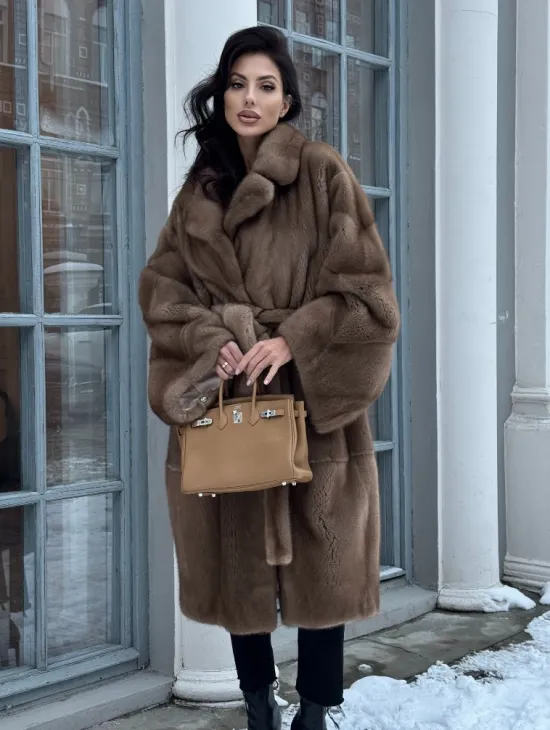 Плюшевая норковая шуба - кимоно с английским воротником