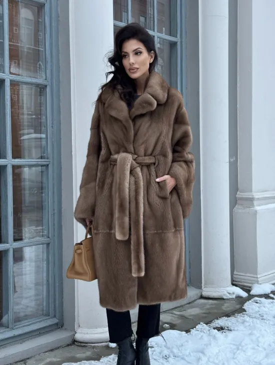 Плюшевая норковая шуба - кимоно с английским воротником