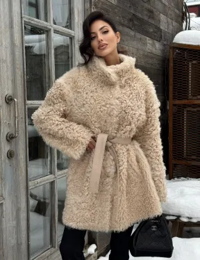 Двухсторонняя женская шуба - дубленка из меха испанского тиградо в бежевом цвете