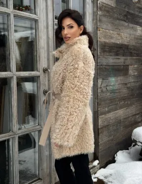 Двухсторонняя женская шуба - дубленка из меха испанского тиградо в бежевом цвете