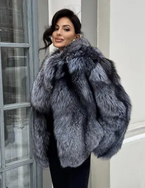 Короткий женский полушубок из чернобурки английский воротник