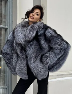 Короткий женский полушубок из чернобурки английский воротник