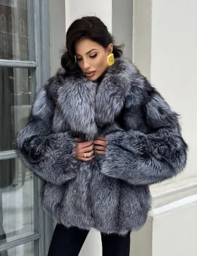 Короткий женский полушубок из чернобурки английский воротник