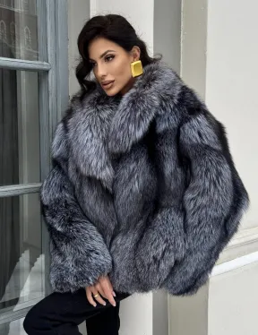 Короткий женский полушубок из чернобурки английский воротник