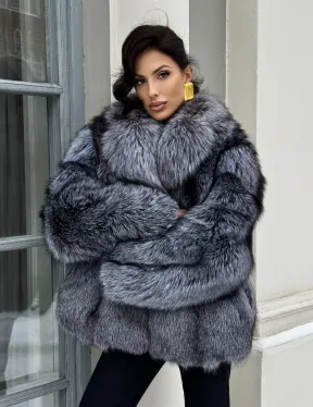 Короткий женский полушубок из чернобурки английский воротник