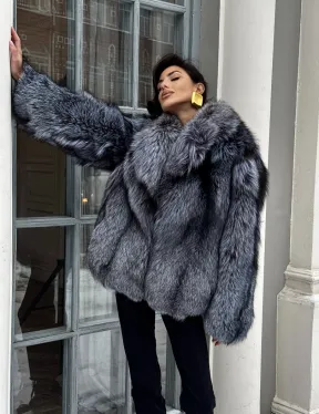 Короткий женский полушубок из чернобурки английский воротник