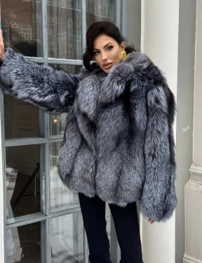 Короткий женский полушубок из чернобурки английский воротник