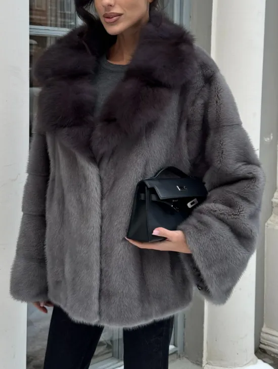 Автоледи шуба норковая с воротником из меха куницы - серый графит