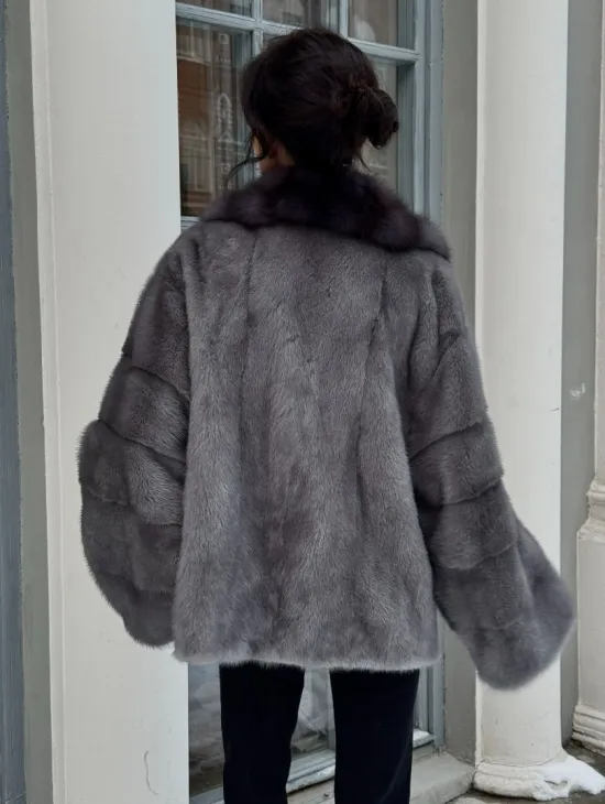 Автоледи шуба норковая с воротником из меха куницы - серый графит