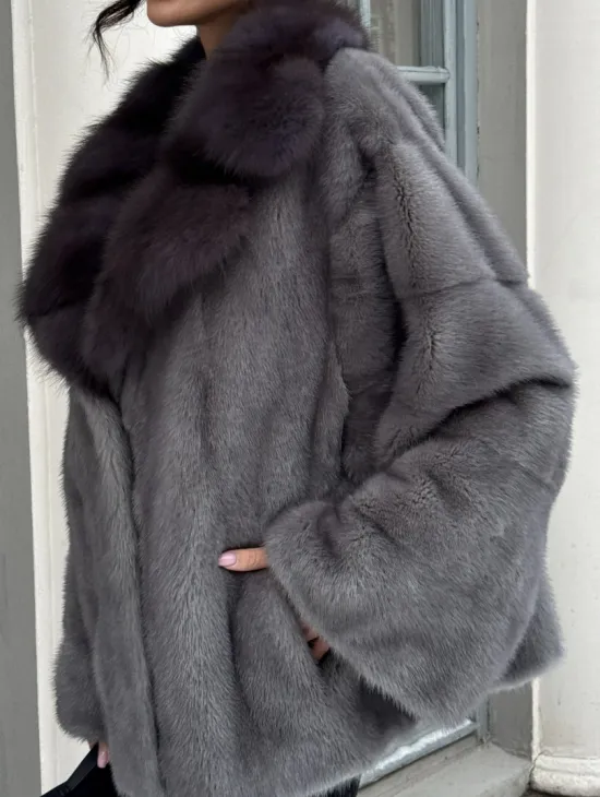 Автоледи шуба норковая с воротником из меха куницы - серый графит