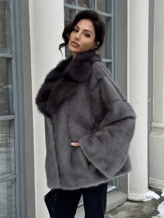 Автоледи шуба норковая с воротником из меха куницы - серый графит