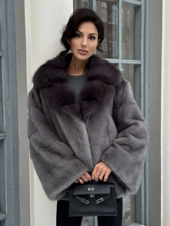 Автоледи шуба норковая с воротником из меха куницы - серый графит