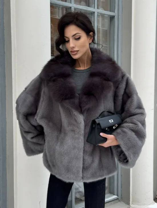 Автоледи шуба норковая с воротником из меха куницы - серый графит