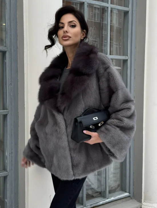Автоледи шуба норковая с воротником из меха куницы - серый графит