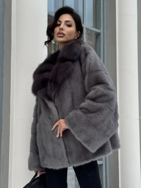 Автоледи шуба норковая с воротником из меха куницы - серый графит