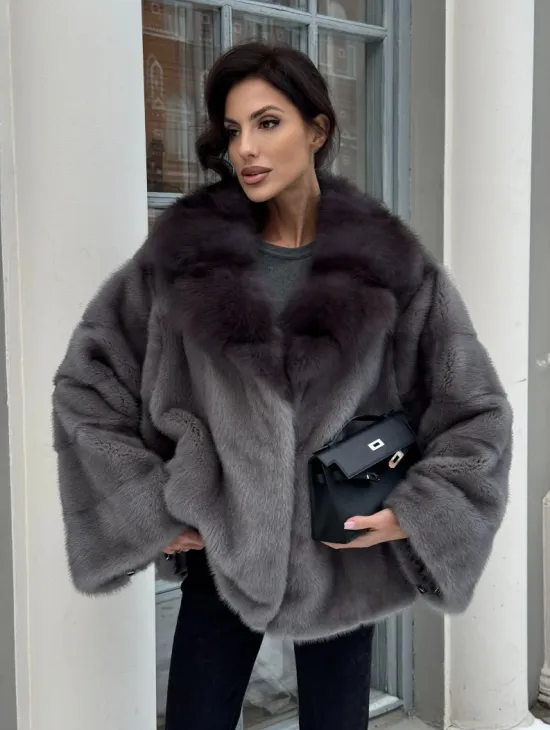 Автоледи шуба норковая с воротником из меха куницы - серый графит