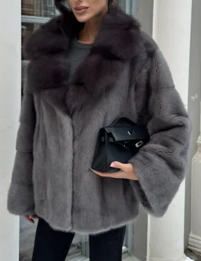 Автоледи шуба норковая с воротником из меха куницы - серый графит