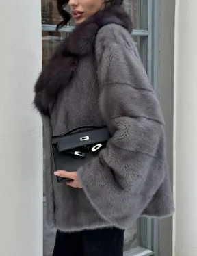 Автоледи шуба норковая с воротником из меха куницы - серый графит