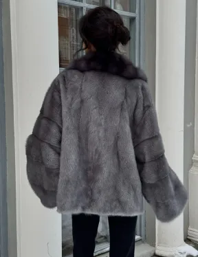 Автоледи шуба норковая с воротником из меха куницы - серый графит