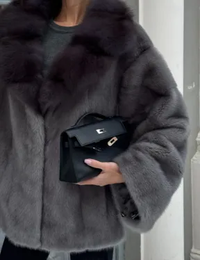 Автоледи шуба норковая с воротником из меха куницы - серый графит