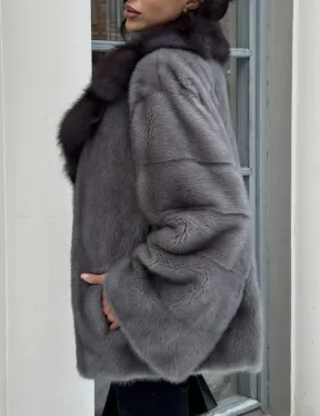 Автоледи шуба норковая с воротником из меха куницы - серый графит