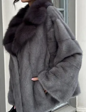 Автоледи шуба норковая с воротником из меха куницы - серый графит