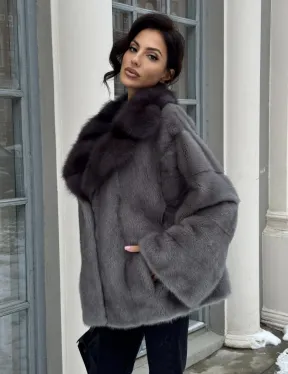 Автоледи шуба норковая с воротником из меха куницы - серый графит