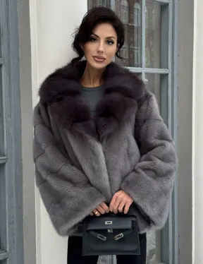 Автоледи шуба норковая с воротником из меха куницы - серый графит