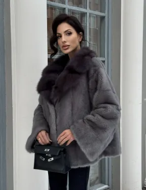 Автоледи шуба норковая с воротником из меха куницы - серый графит